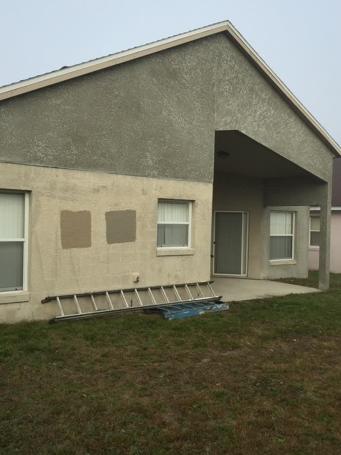 Two square repair patches stand out against a cream wall, with a ladder lying flat on the grass.