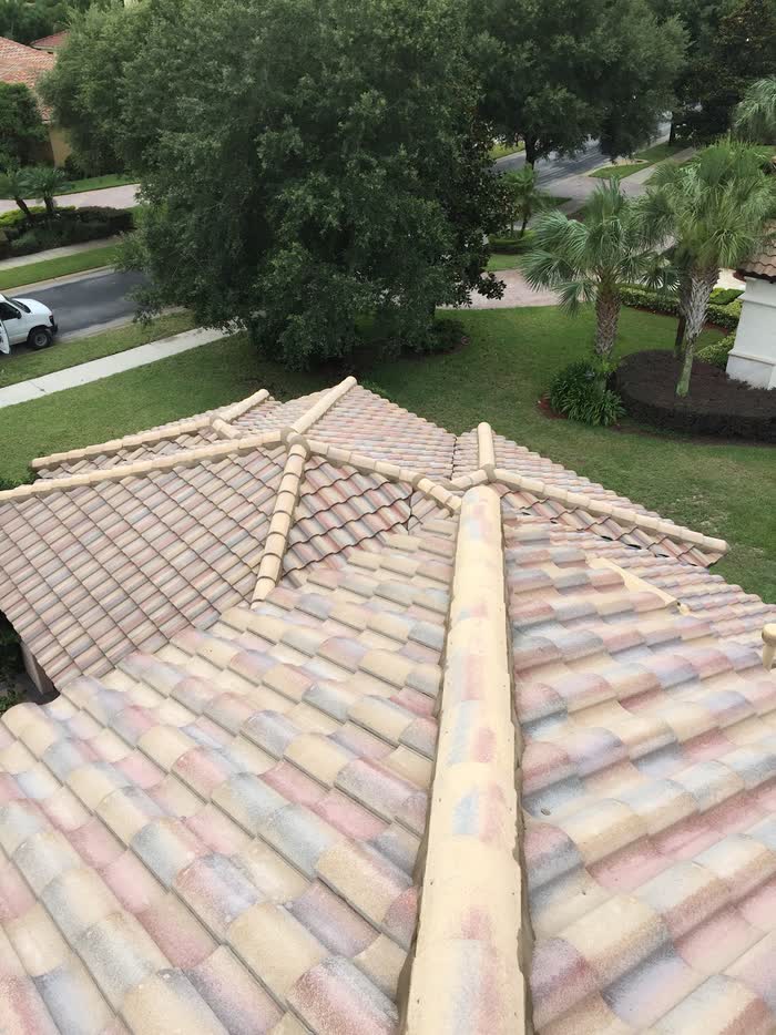 Clean pink, cream and grey roof tiles viewed from above, with a shaded street and palms below.