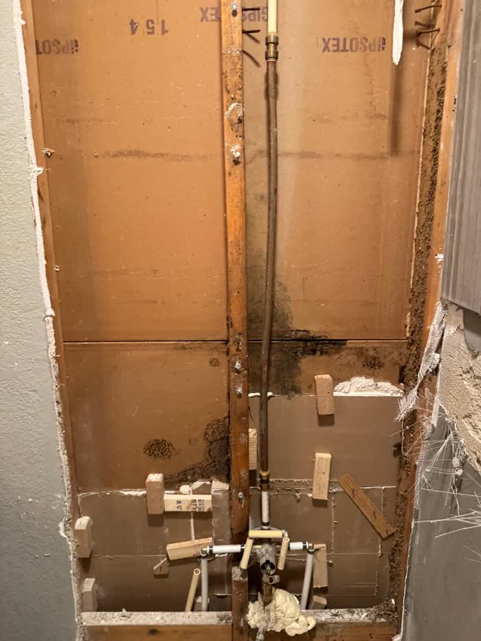 Opened wall behind a shower showing pipework, a centre stud and dark staining across brown boards.