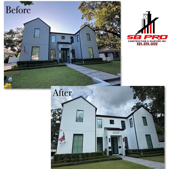 Before and after pair of a two-storey home's front, grey beforehand and bright white afterwards.
