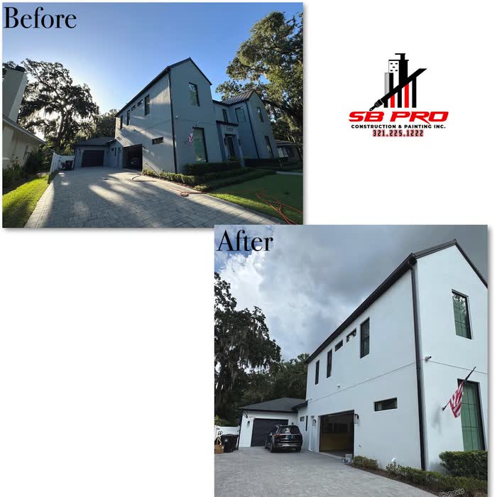 Driveway view shown before and after, the same house turning from pale grey to white.
