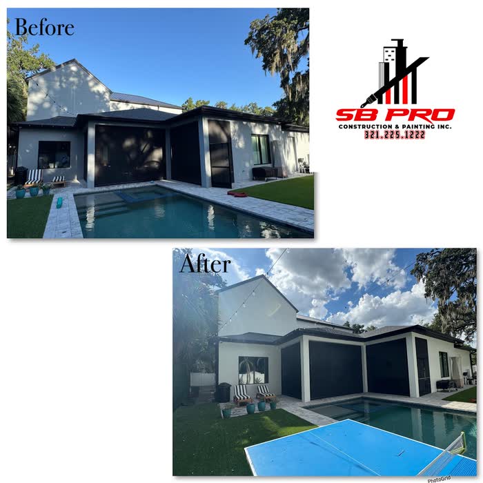 A before and after pair of the same poolside house, the walls repainted white with dark screened bays.