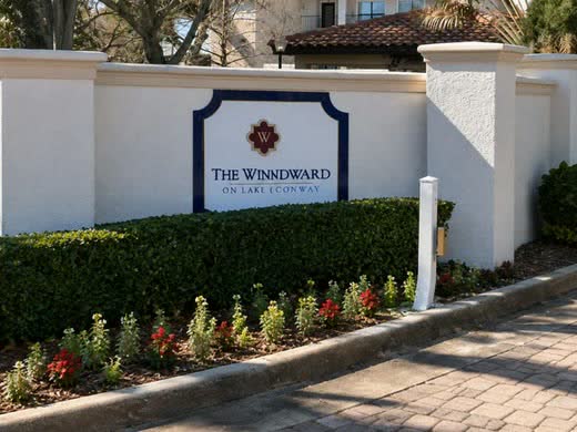 The entrance sign at The Winndward on Lake Conway.
